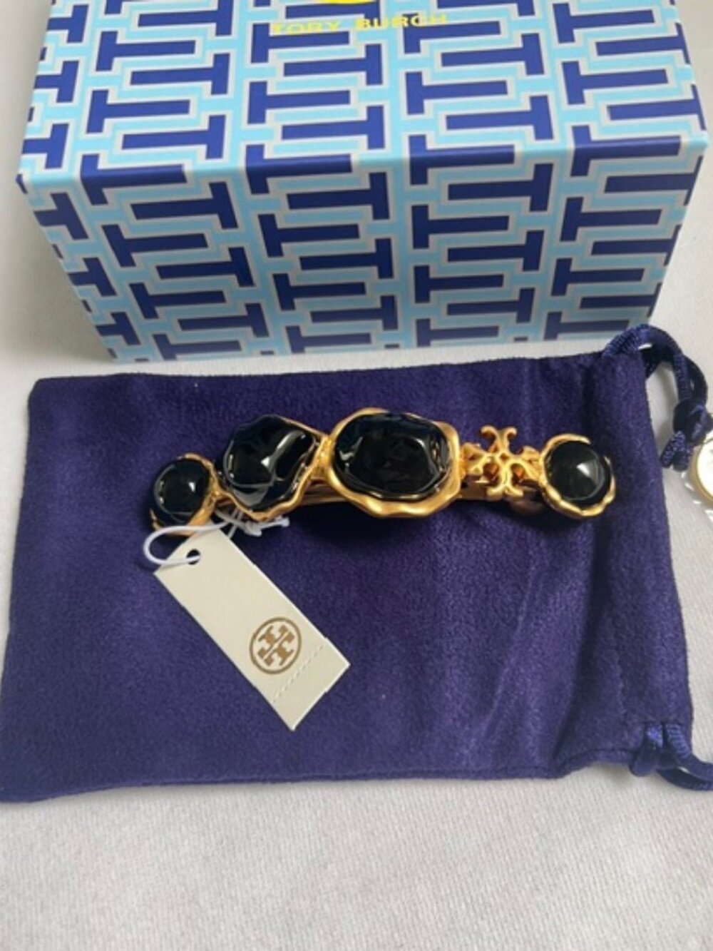 Tory Burch Women's Roxanne Black Stone & Gold Statement Barrette Hair Clip